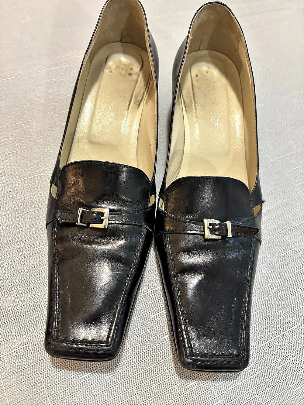 Tentazione Italy Vintage Black Leather Buckle Loafer Block Heels Size 8.5